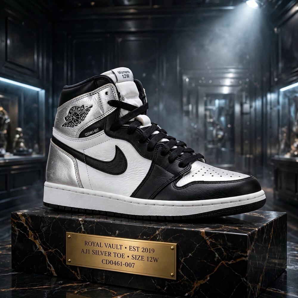SIZE 12W 10.5M Wmns Air Jordan 1 High OG Silver Toe CD0461-007 Black White